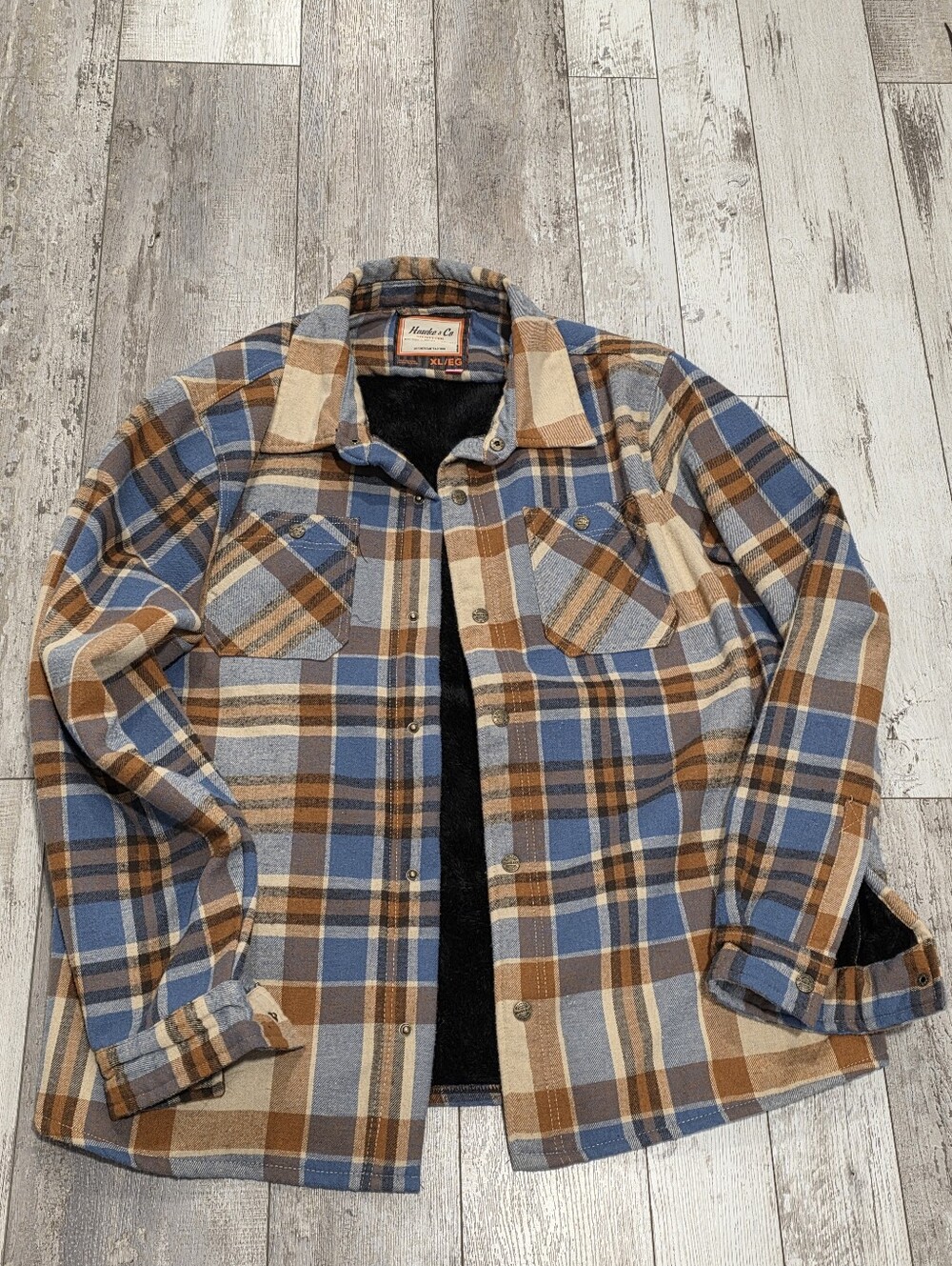 XL Men's Hawke & Co. Lined Shacket Plaid Brown Blue Jacket Shirt Snap Button